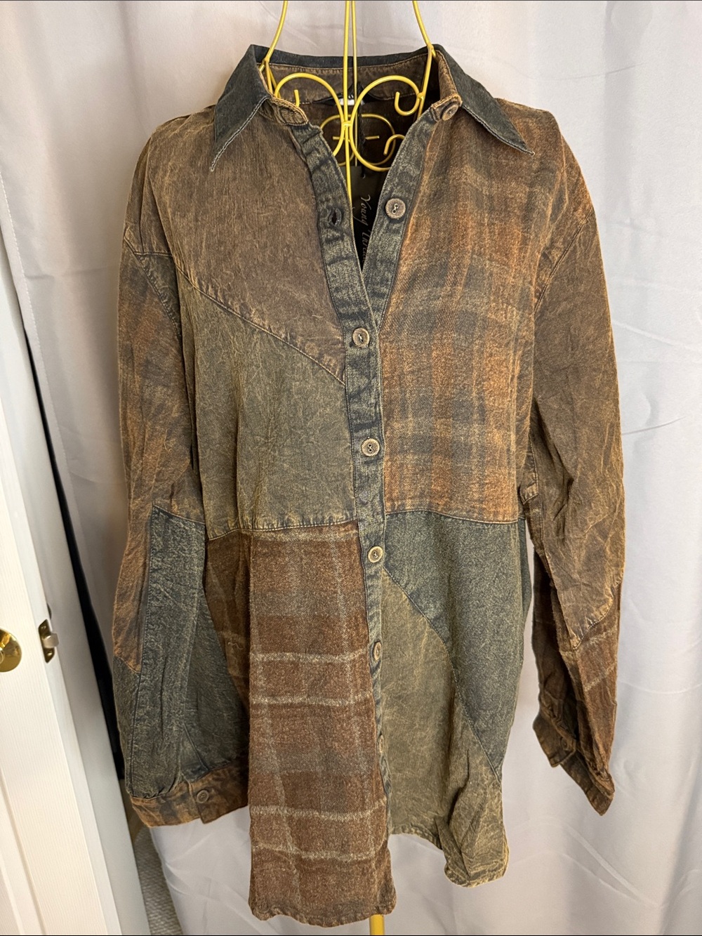 Young Threads L NWT Patchwork Button-Down Shirt Jacket - Brown & Olive SKU77